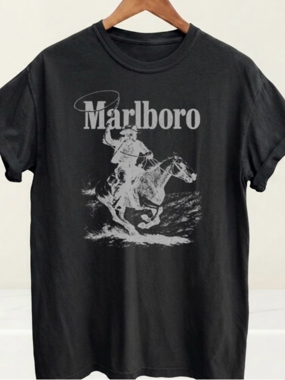 Black Short Sleeve Tee with White Marlboro Cowboy Graphic